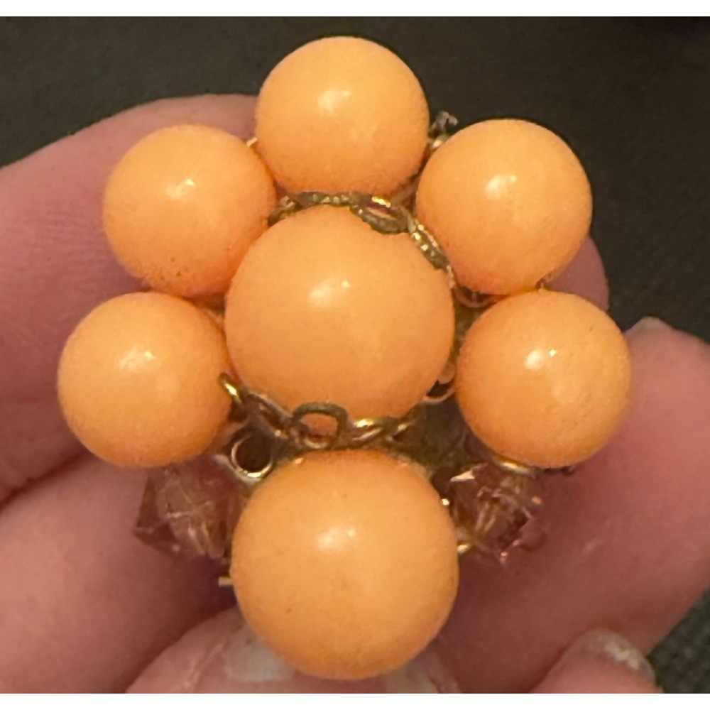 Vintage Orange Coral Color Cluster Bead Goldtone Clip-On Earrings